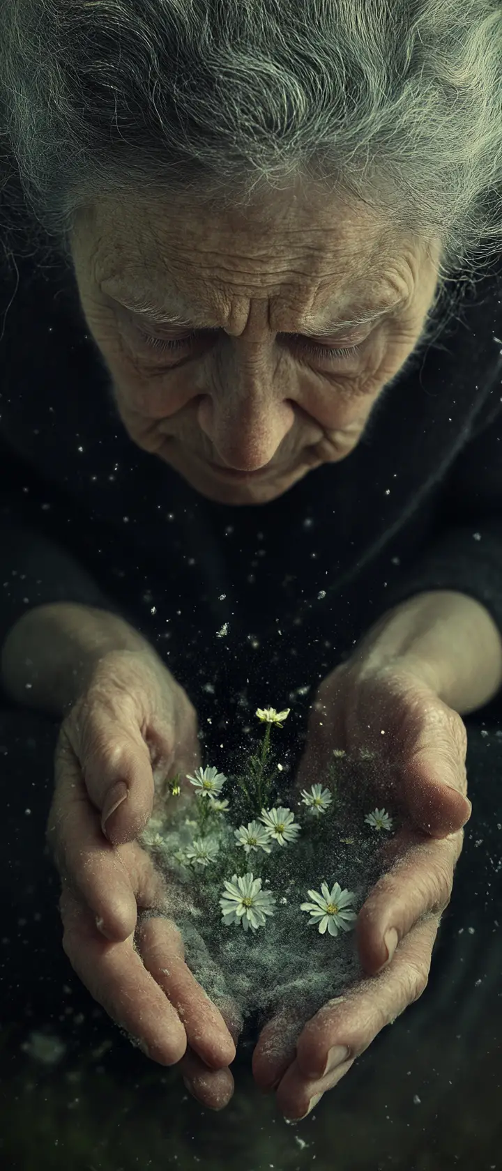 Elderly woman in a fading memory garden of wilting flowers
