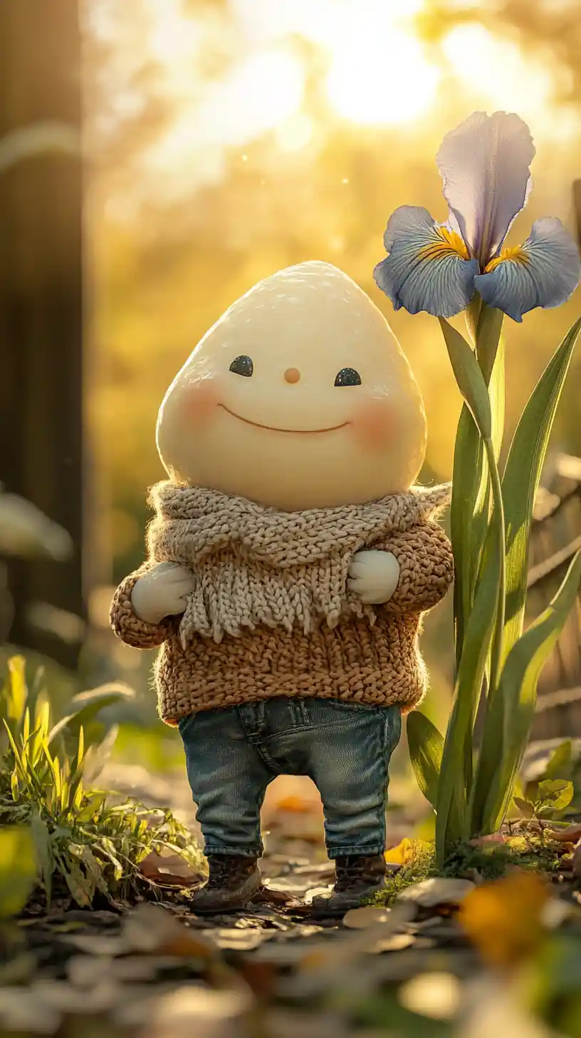 Cheerful Egg Creature Holding Giant Iris In Garden