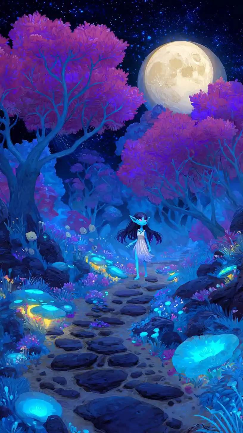 Ethereal Alien Woman Walking Through Glowing Night Forest