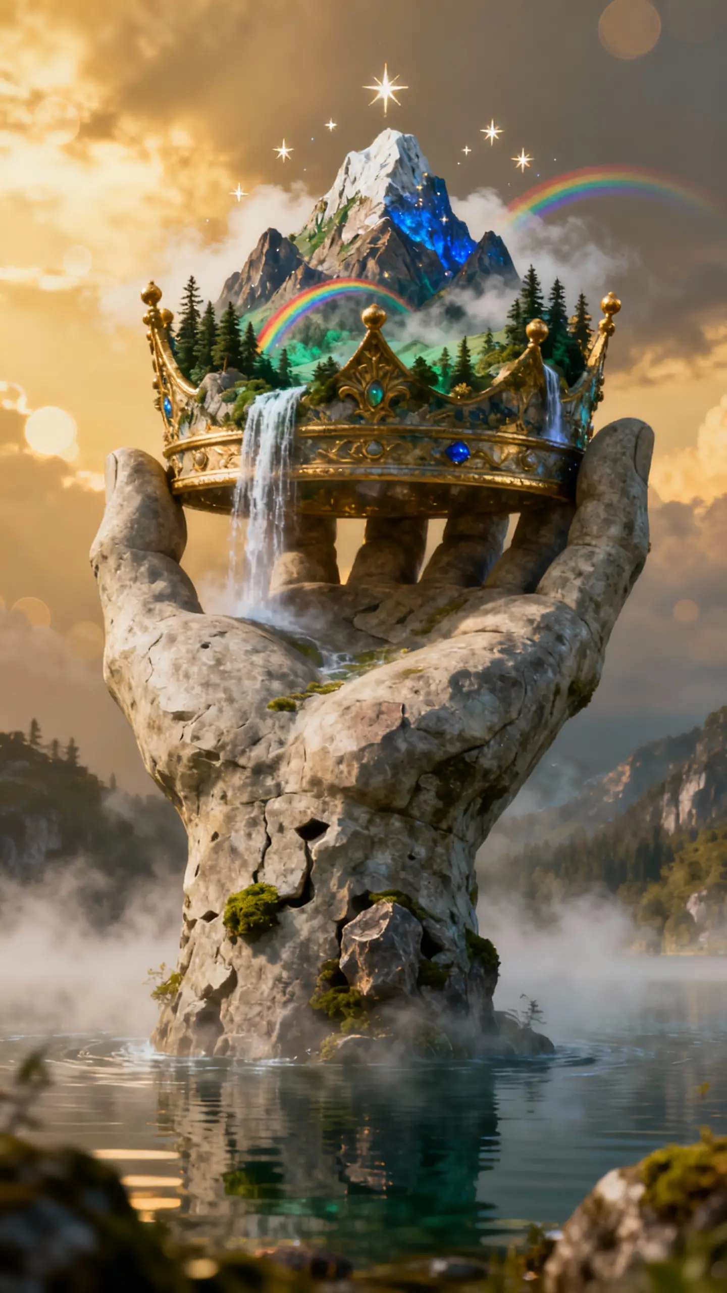 Giant Hand Rising From Lake Holding Mountain Crown