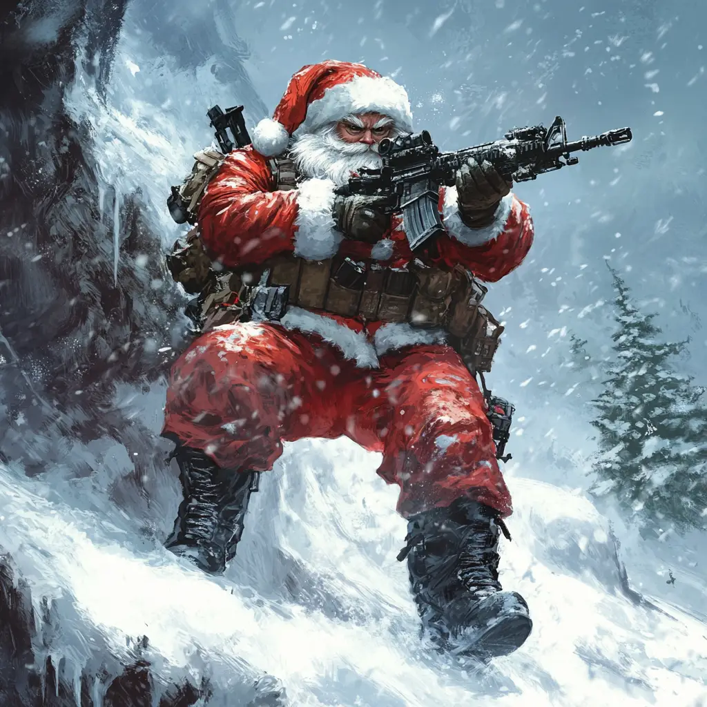 Tactical Santa Soldier Leading Assault In Snowy Fantasy Landscape
