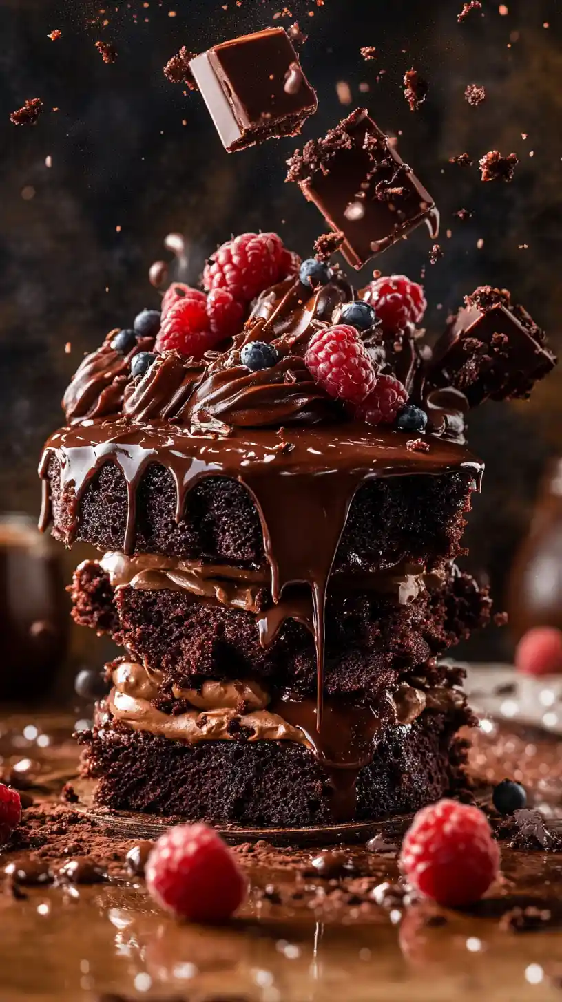 Exploding chocolate cake in dramatic anime illustration
