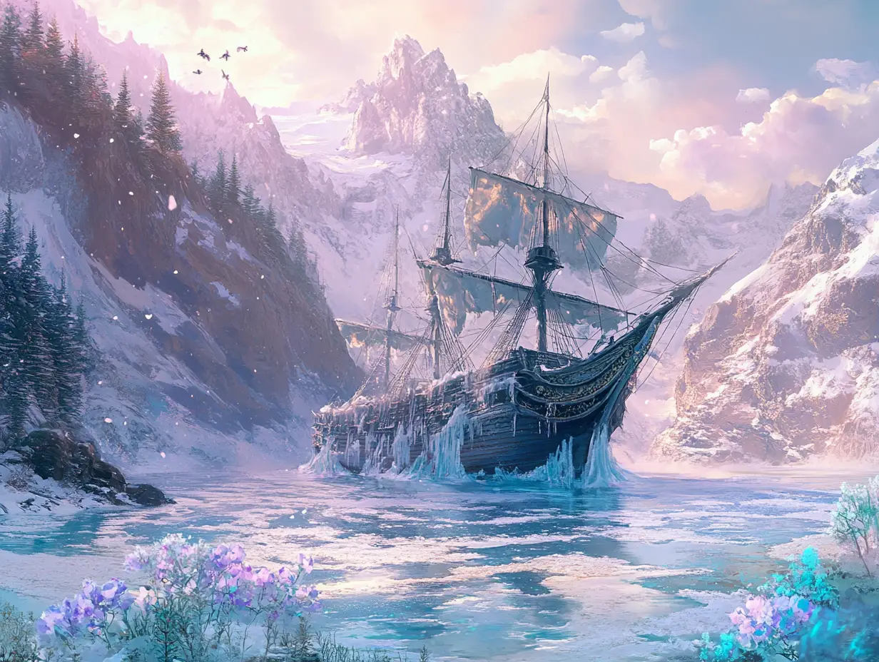 Old Sailing Ship Frozen In A Mystical Icy Lake