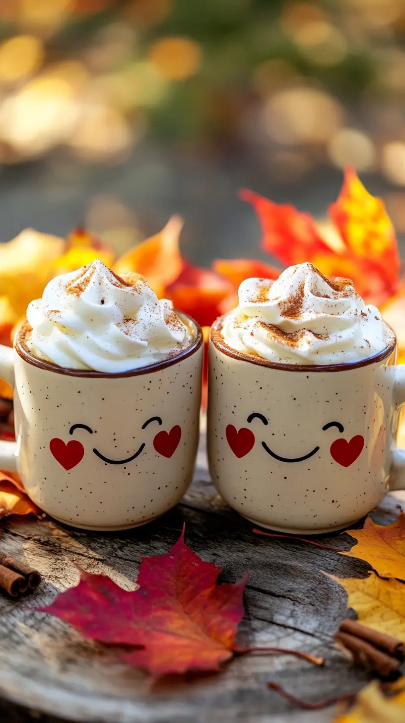 Cute coffee mugs with pumpkin spice latte in autumn