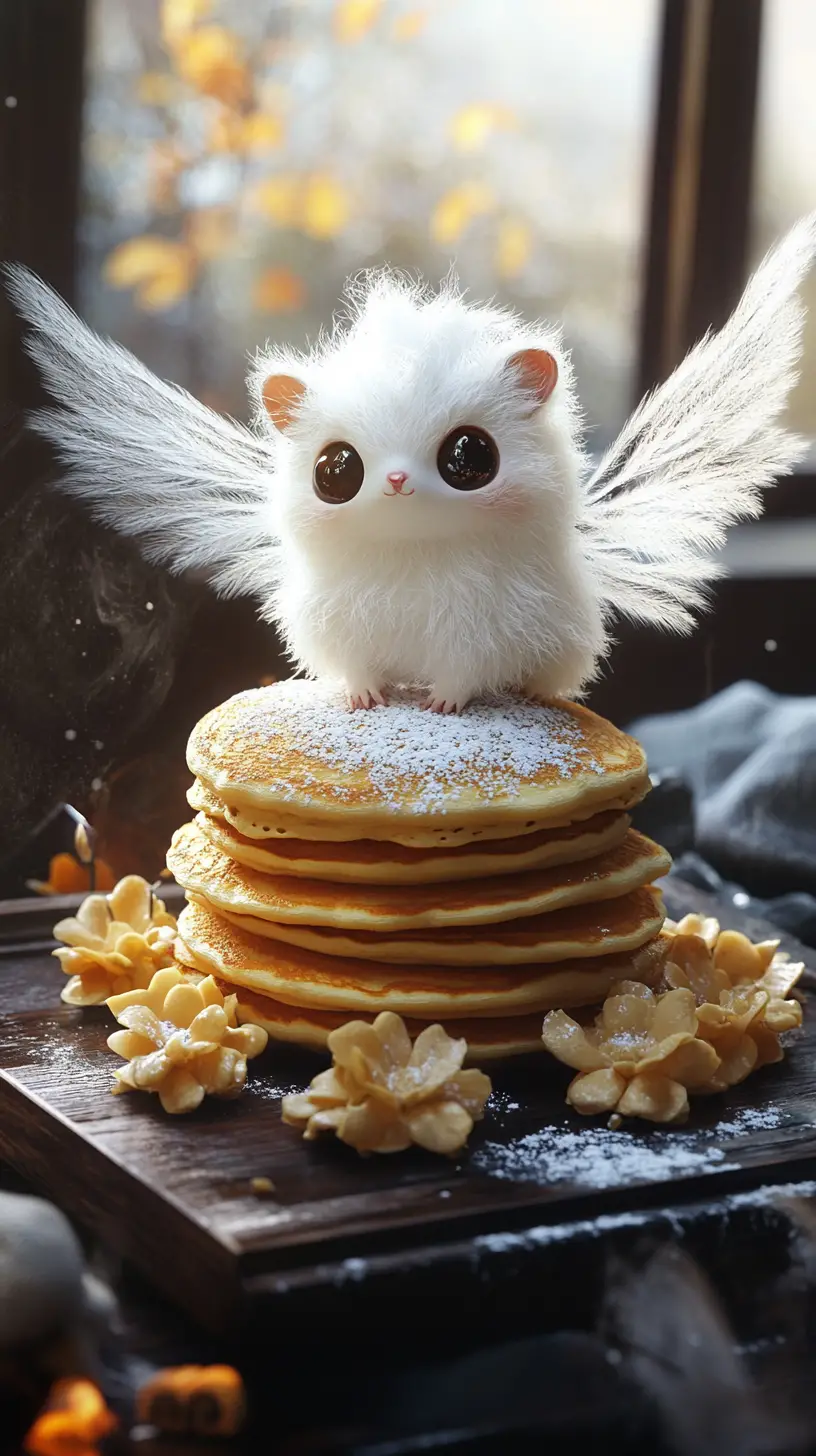 Whimsical winged creature perched on golden pancakes
