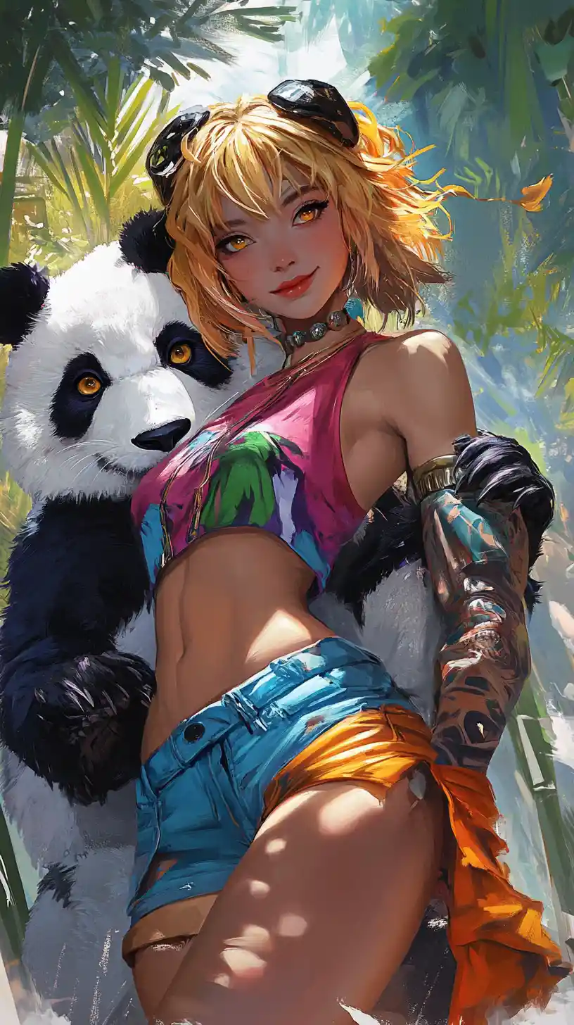 Anime tiger woman and panda warrior in vibrant close up