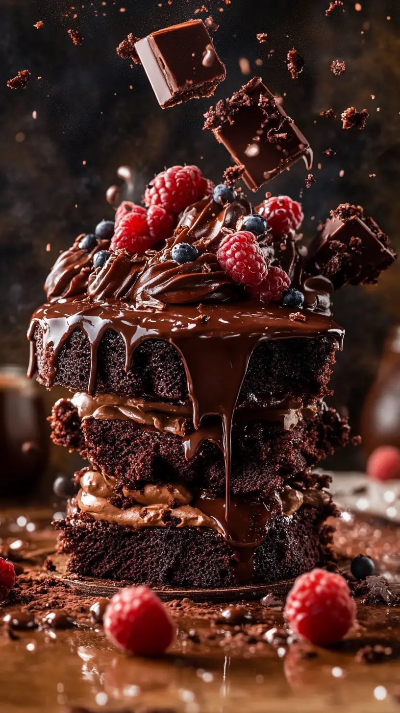 Exploding chocolate cake in dramatic anime illustration