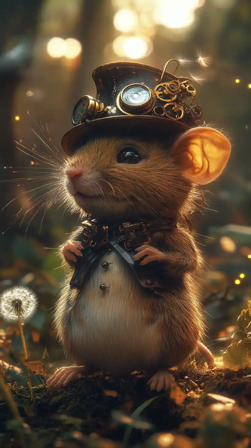 Tiny field mouse in a steampunk forest twilight scene