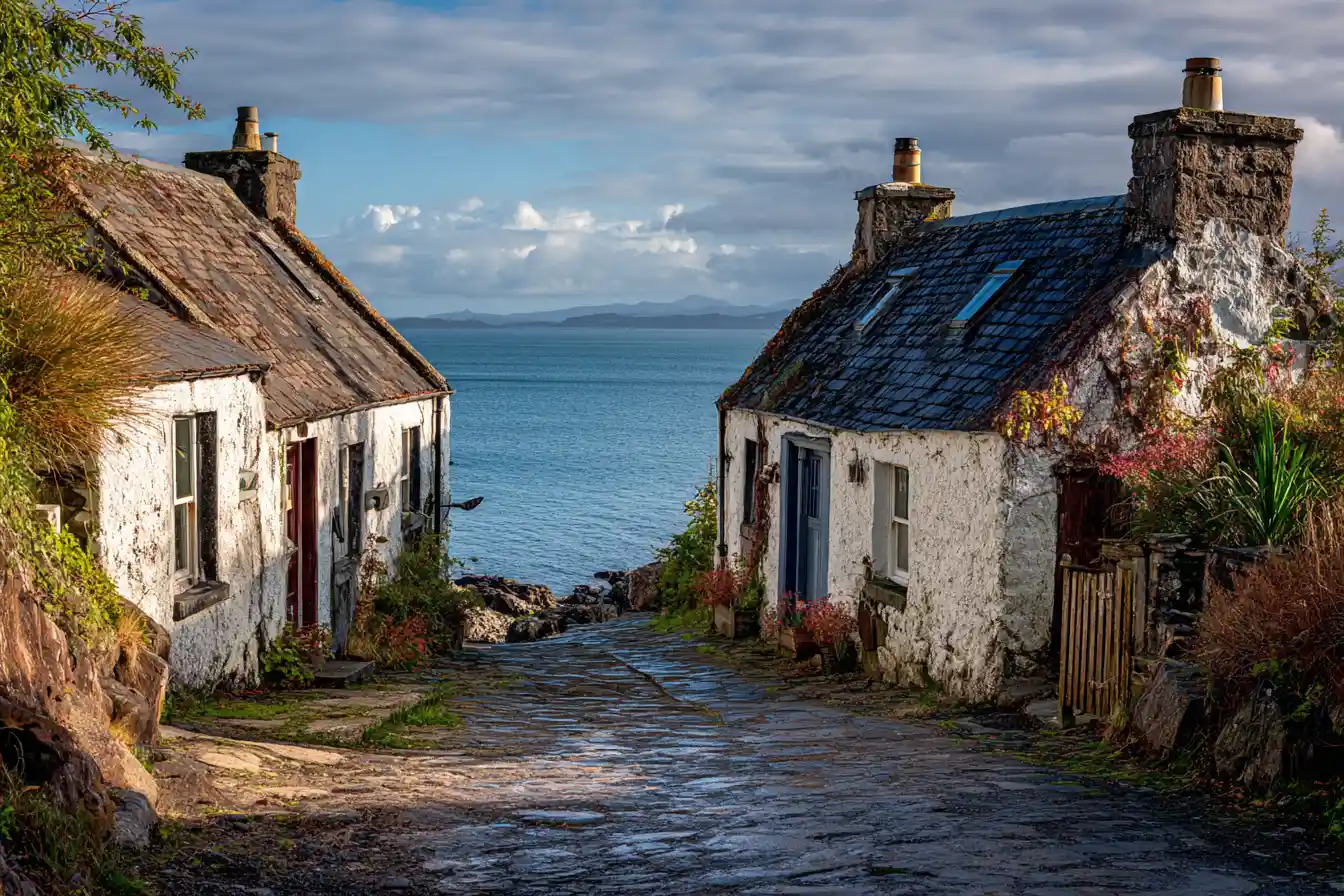 Two old island cottages along a cobblestone lane