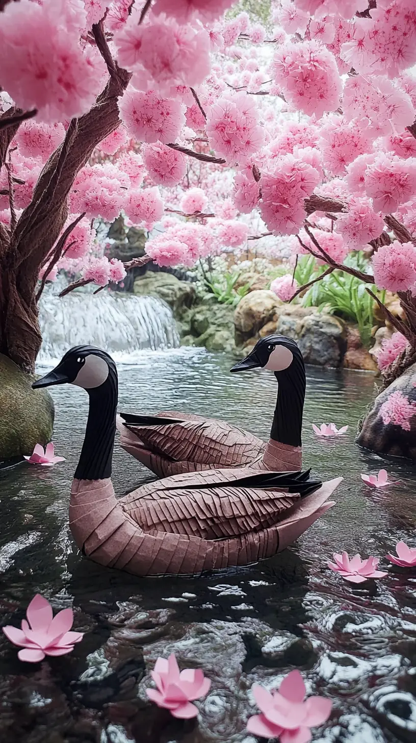 Origami Canada geese swimming on a pond with sakura trees