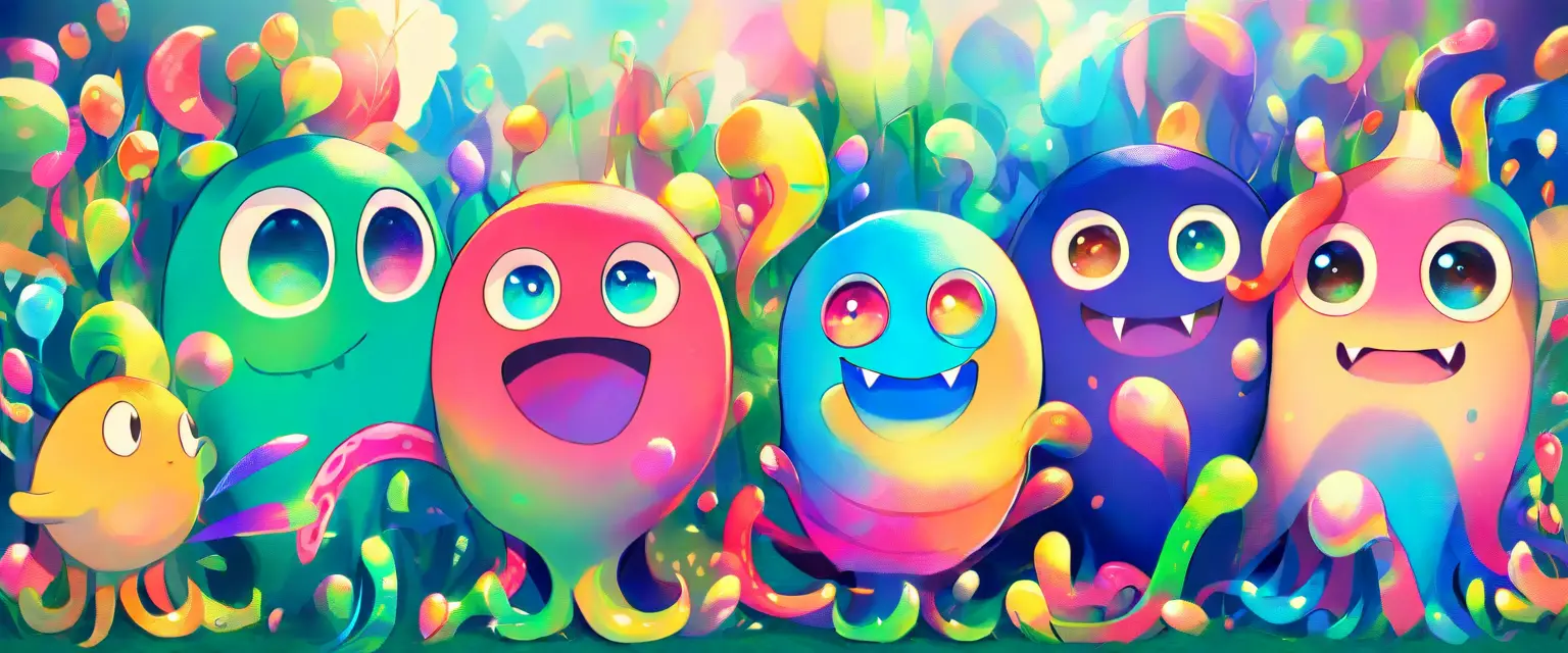 Cute Cartoon Monsters Playing In A Colorful Forest