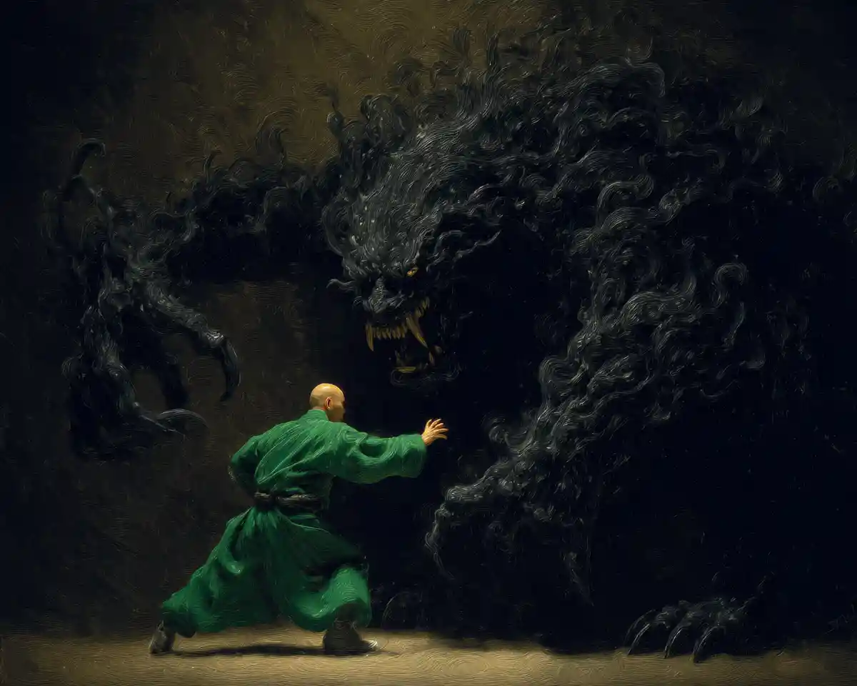 Monk In Green Robe Fighting A Black Tar Demon