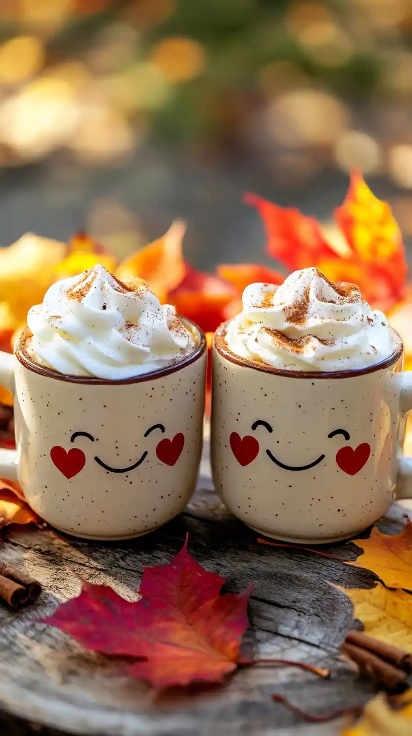 Cute coffee mugs with pumpkin spice latte in autumn