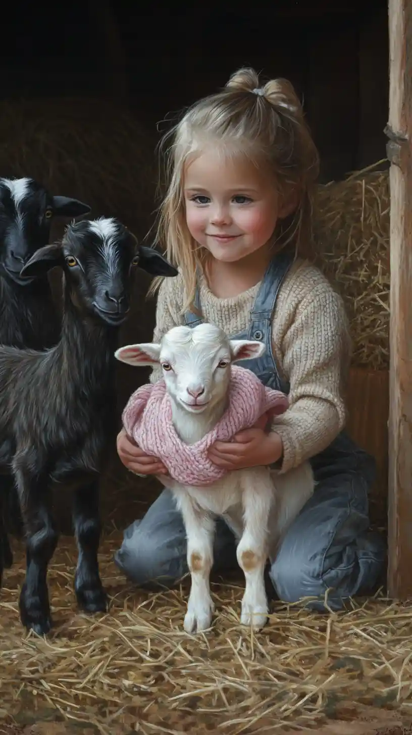 Young girl cuddling baby goats in a rustic barn
