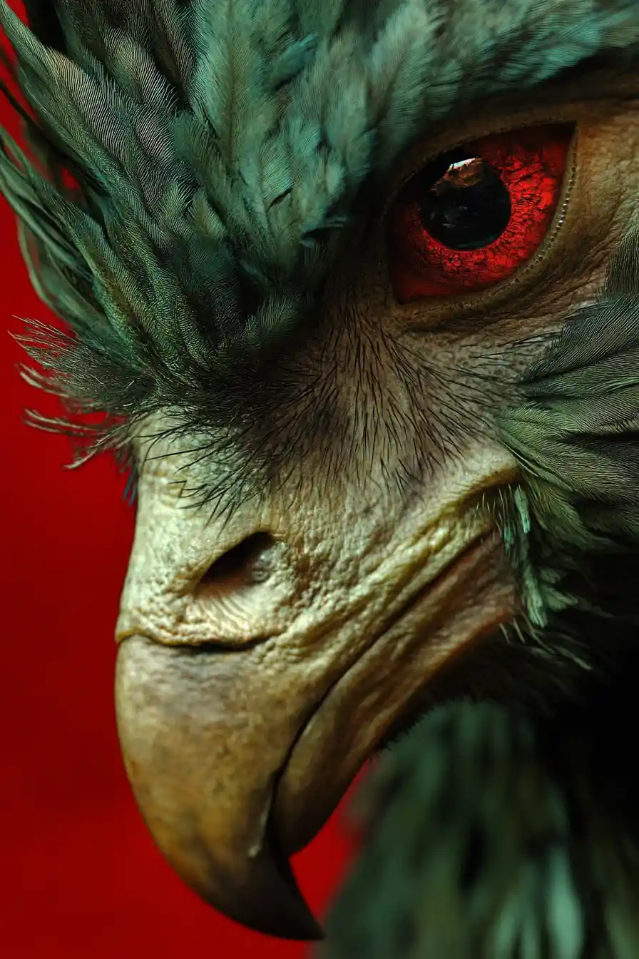 Surreal close up of infected man with condor features
