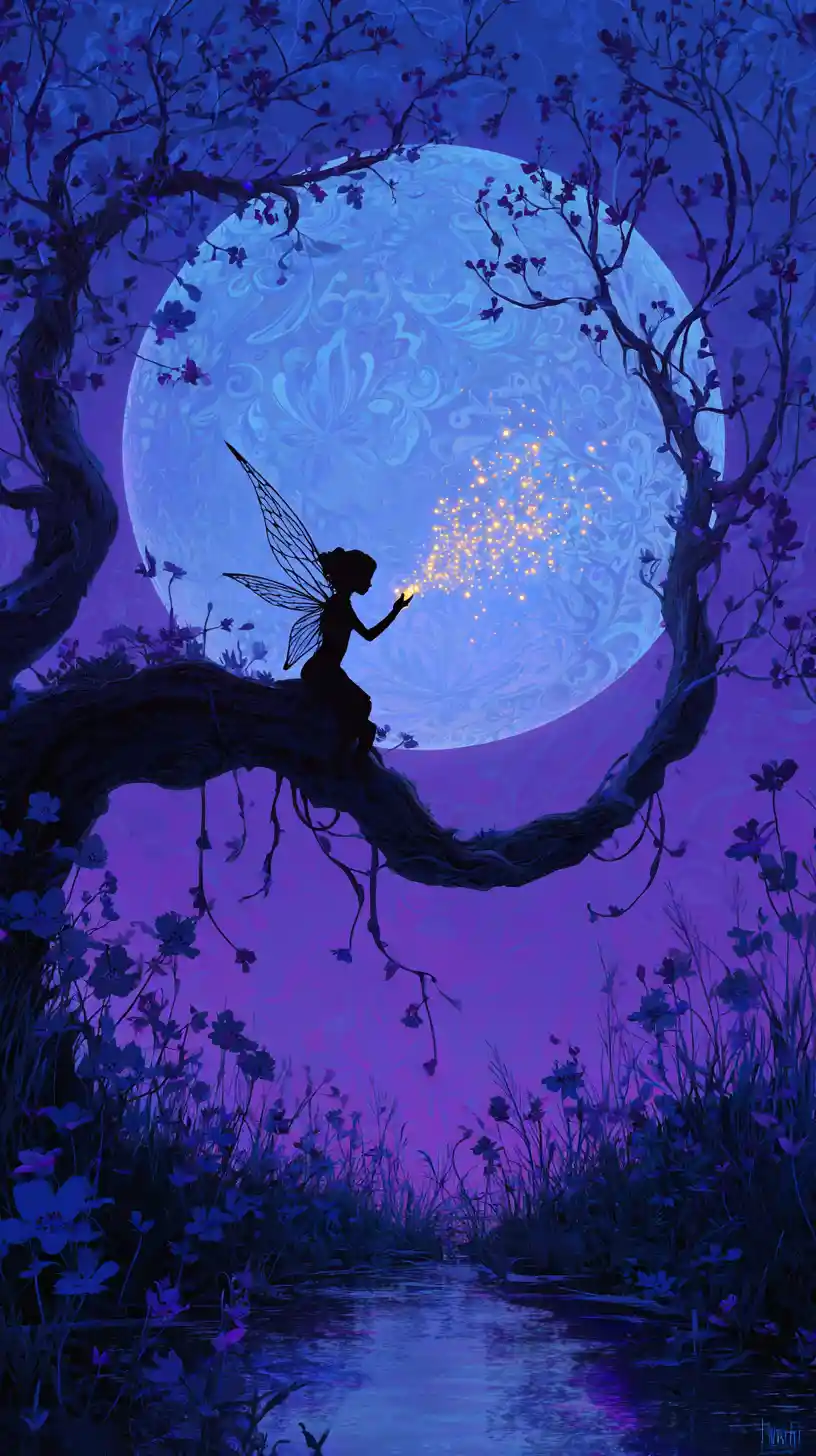 Silhouette de Fée sur Arbre Tordu face à la Pleine Lune Enchantée