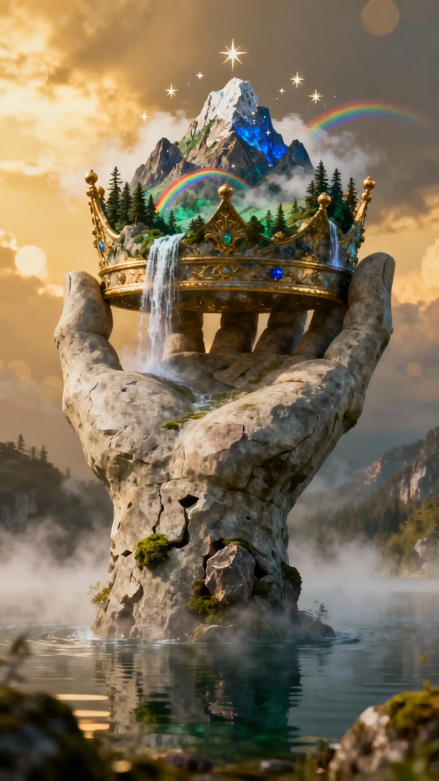Riesige Hand ragt aus dem See und hält eine Bergkrone
