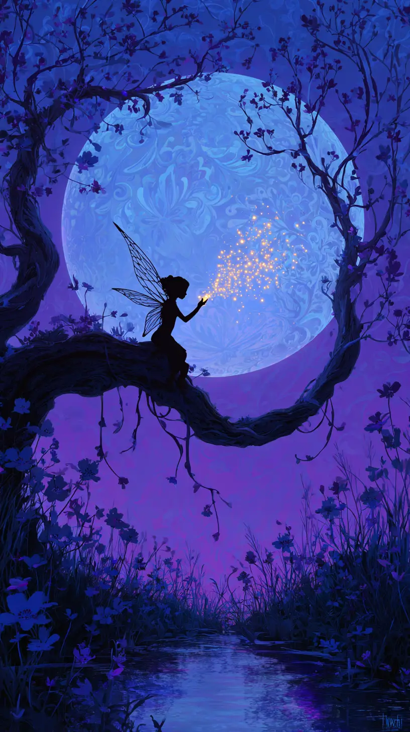 Fairy Silhouette On Twisted Tree Against Enchanted Full Moon
