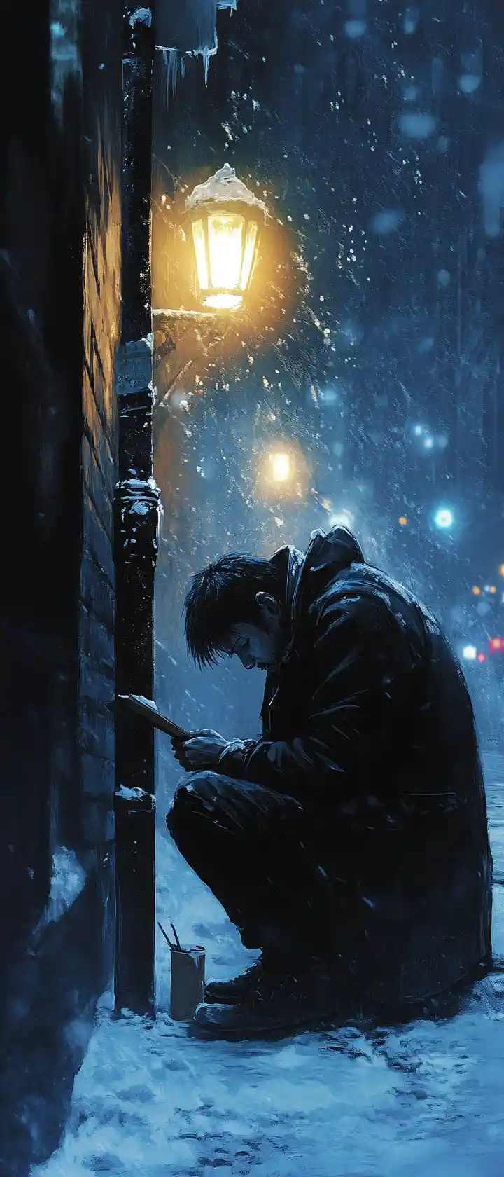 Homeless man sketching his daughter under a snowy streetlamp