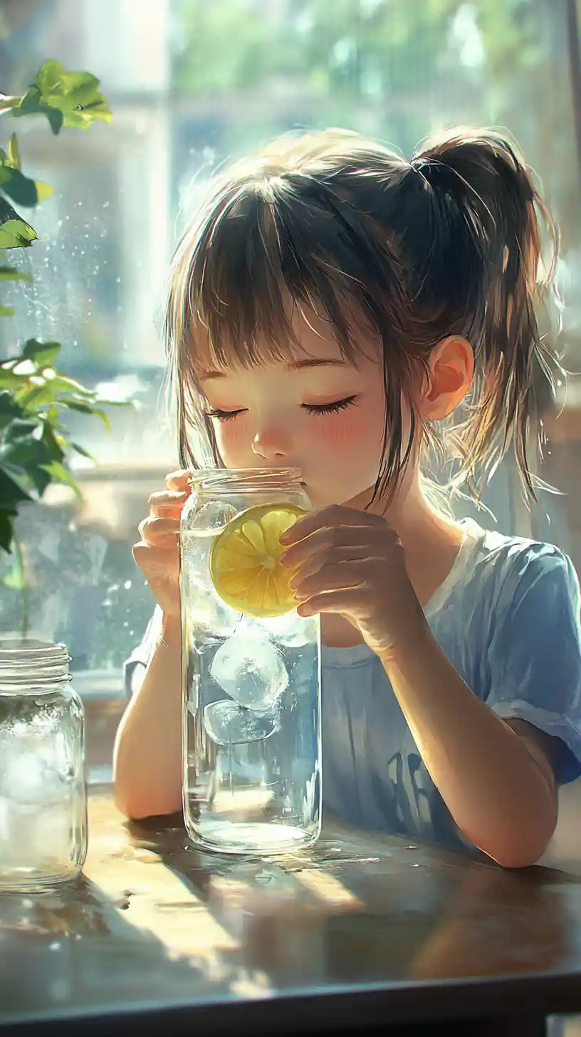 Young girl drinking water with lemon at a table