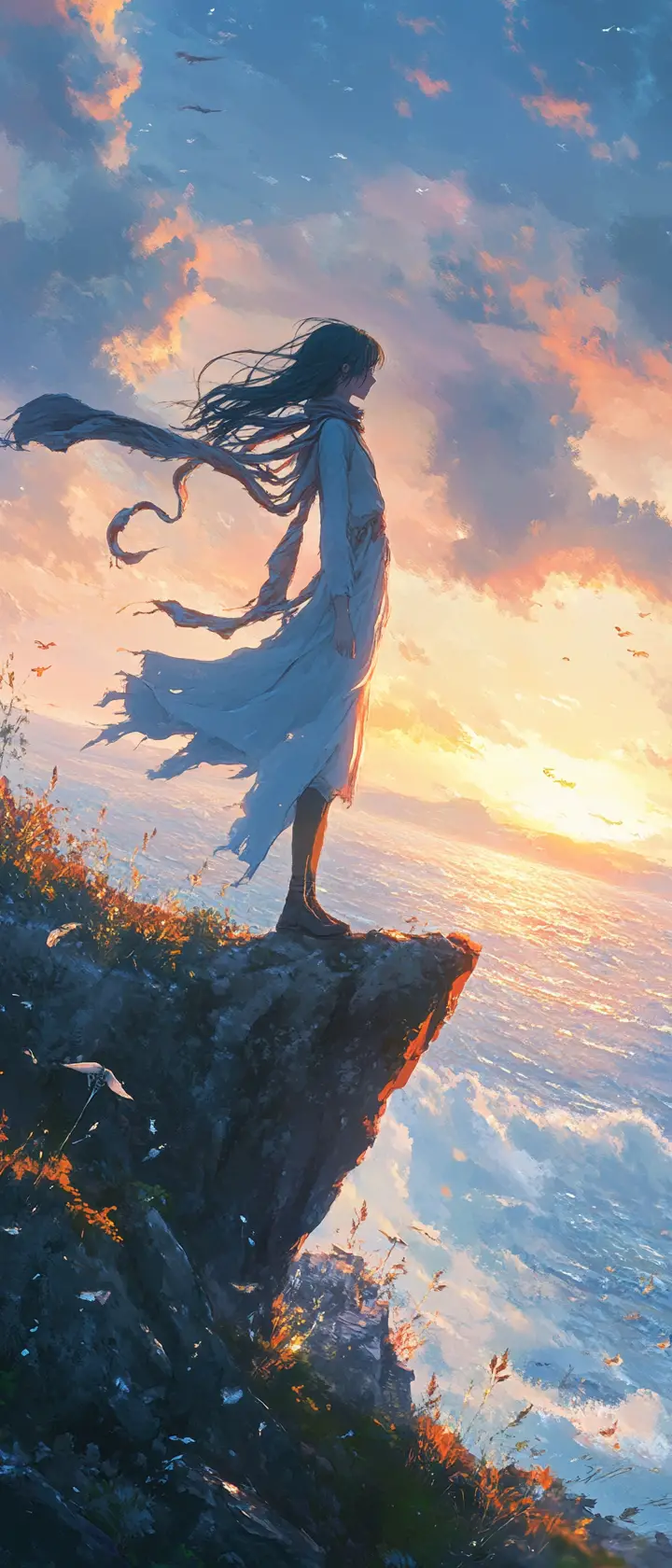 Anime girl on a seaside cliff at dawn with compass