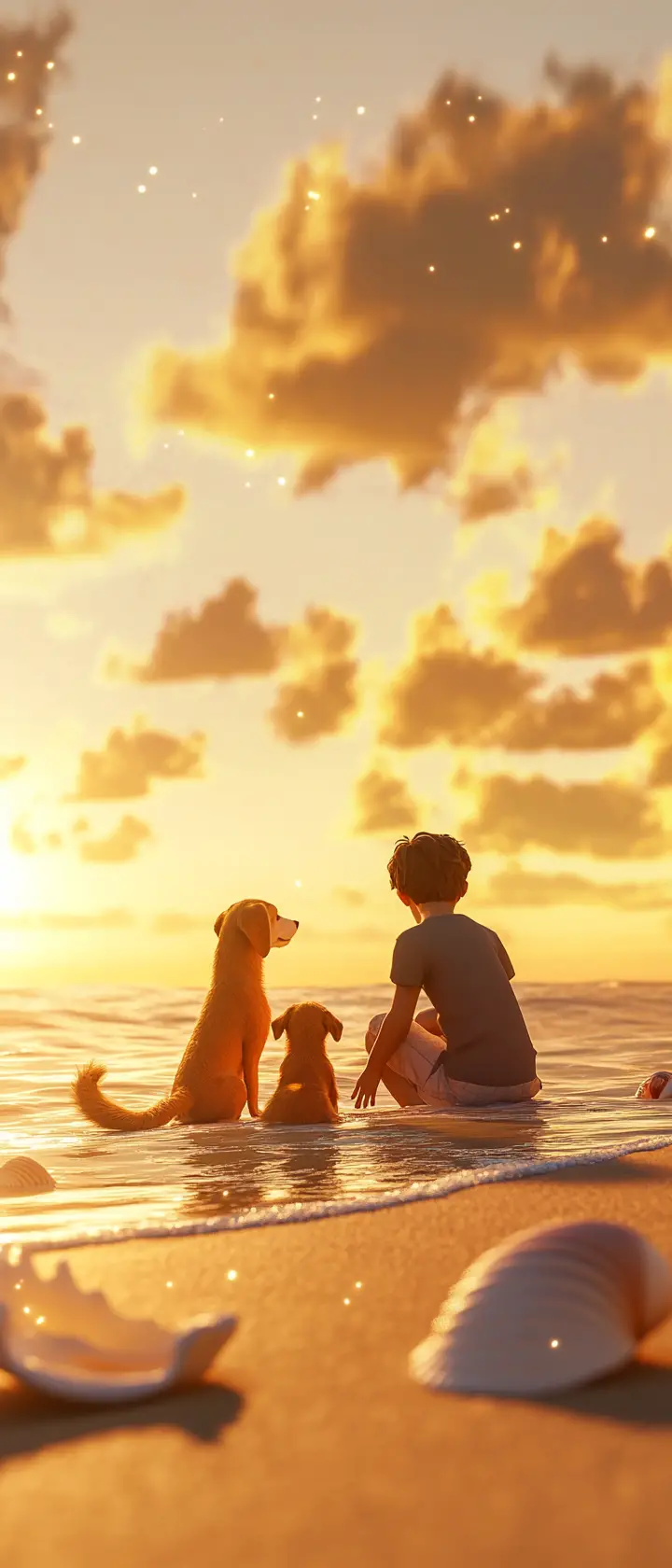 Joyful reunion of children and puppies on the beach