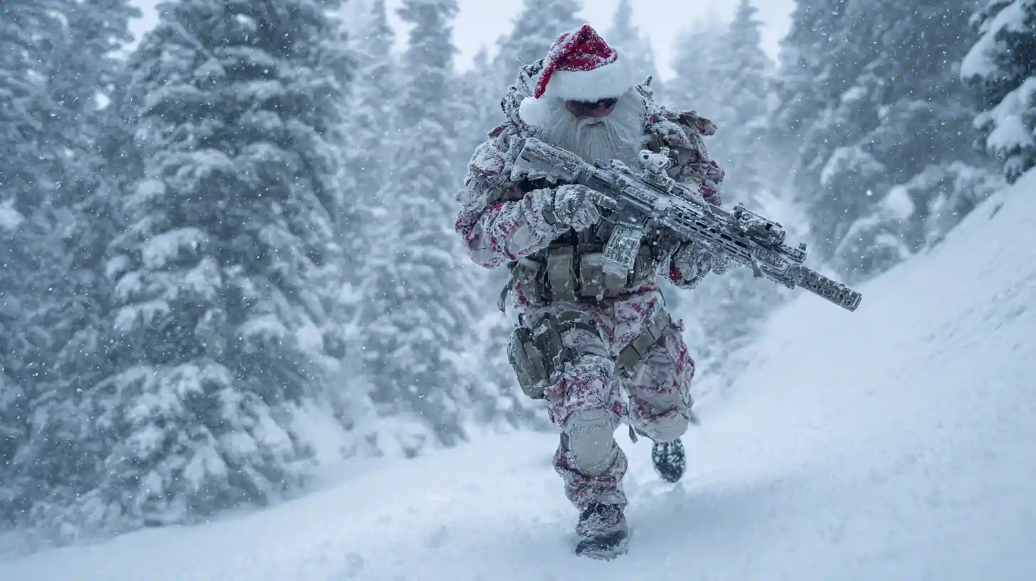 Tactical Santa leading dwarf soldiers in snowy landscape