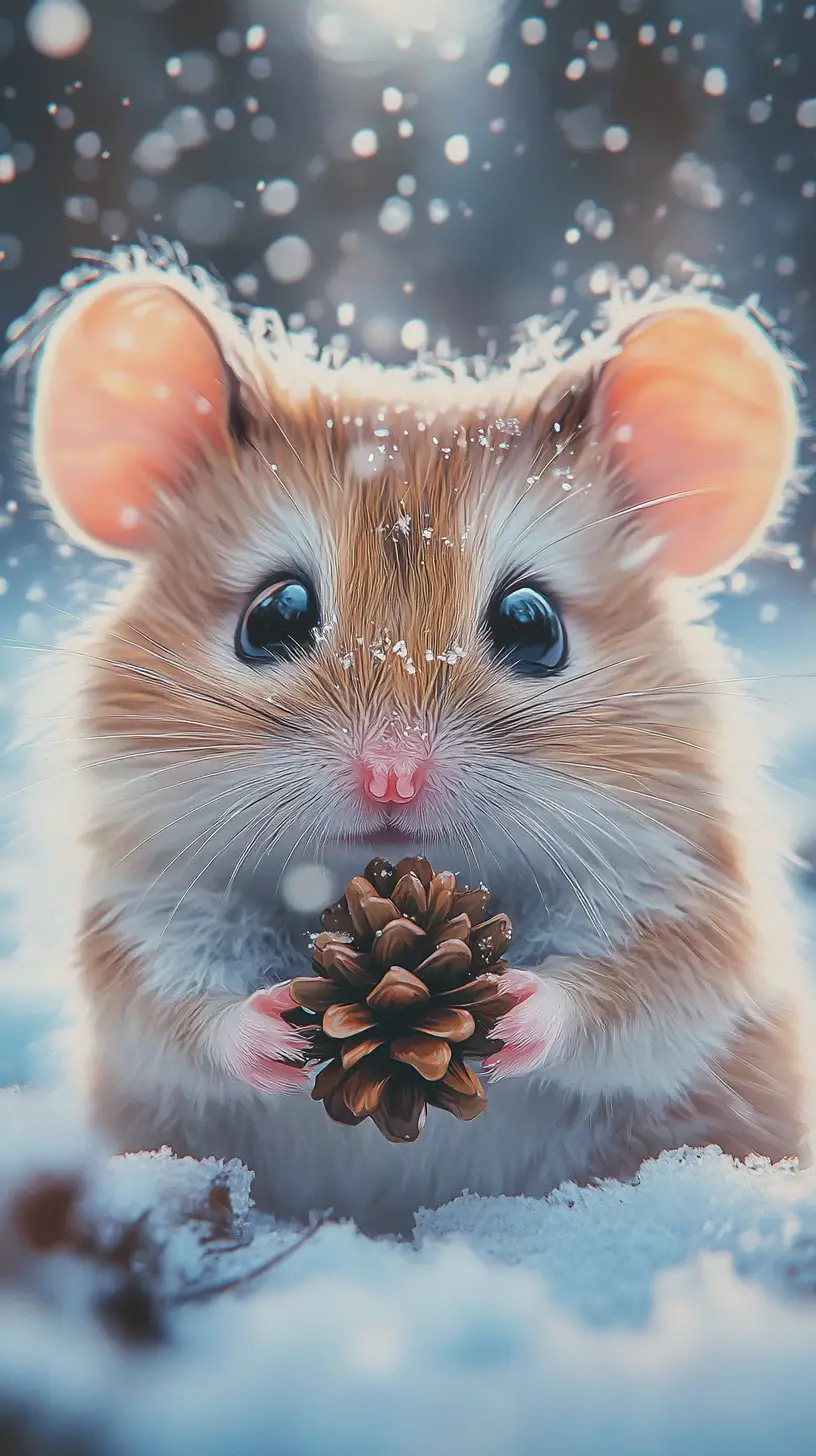 Cute winter mouse holding a pinecone in snow