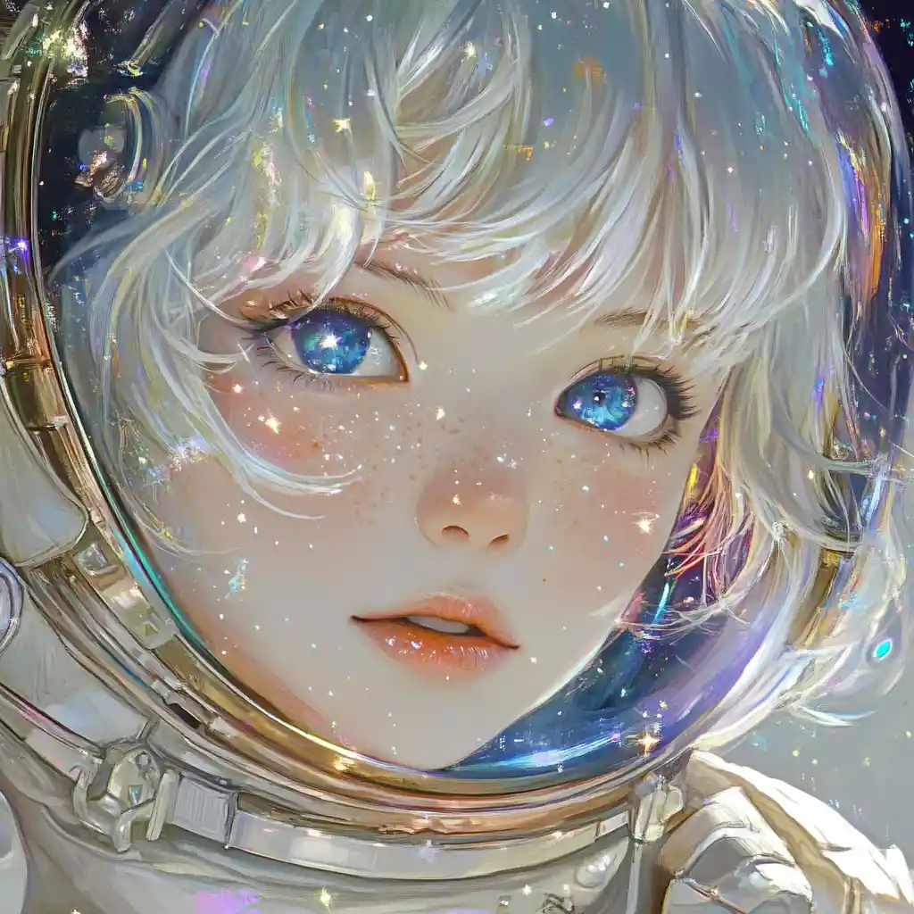 Close up girl portrait with astronaut helmet and glowing eyes