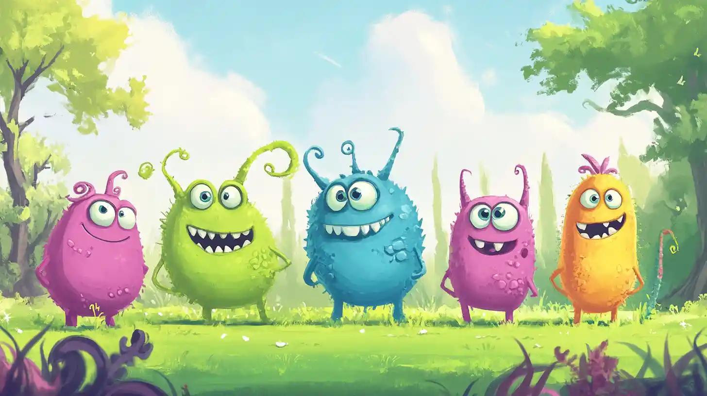 Cute Cartoon Monsters Playing In A Fantasy Forest