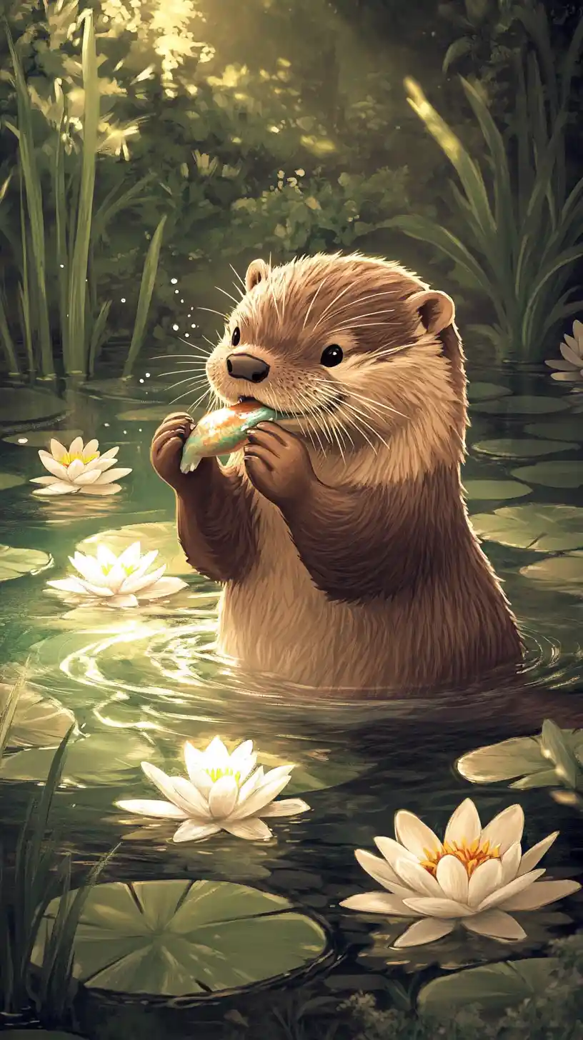 Joyful cat eating fish by a tranquil pond