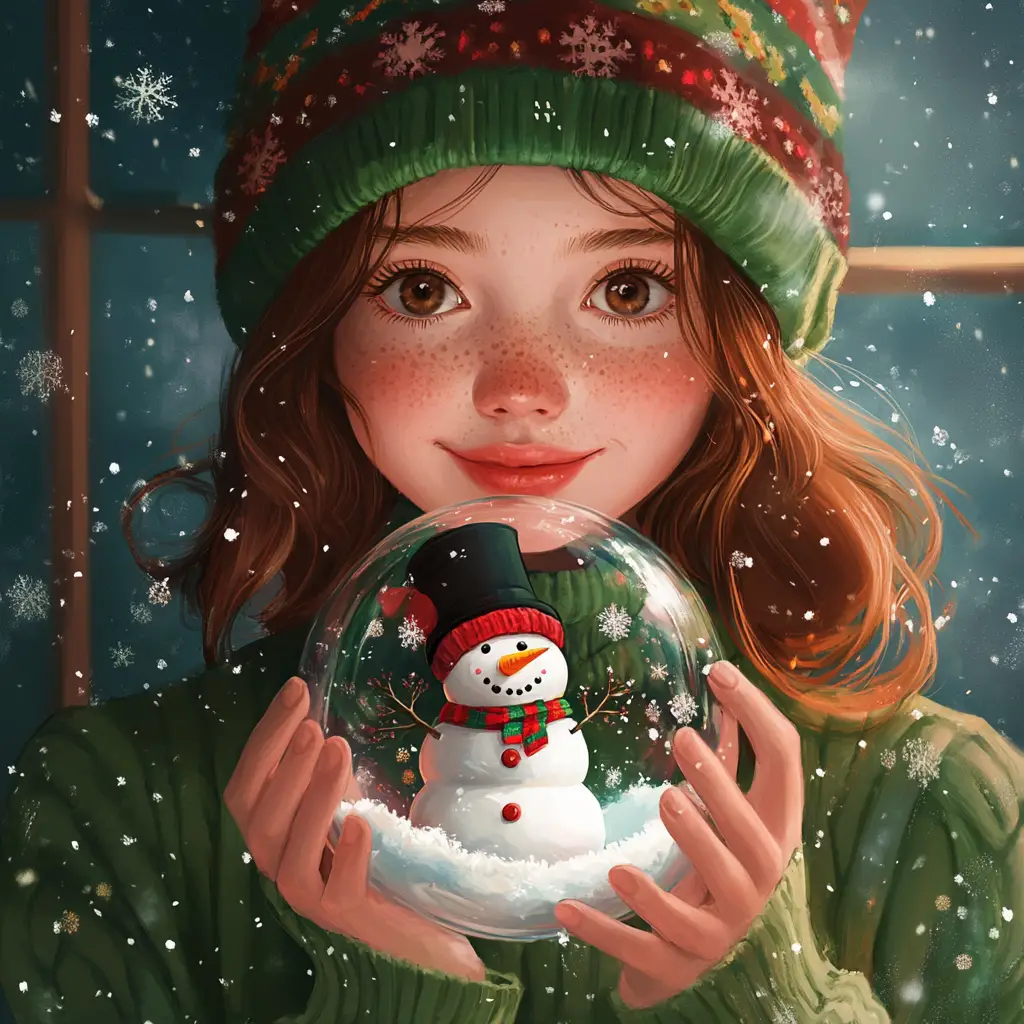 Young woman holding a snow globe by a night window