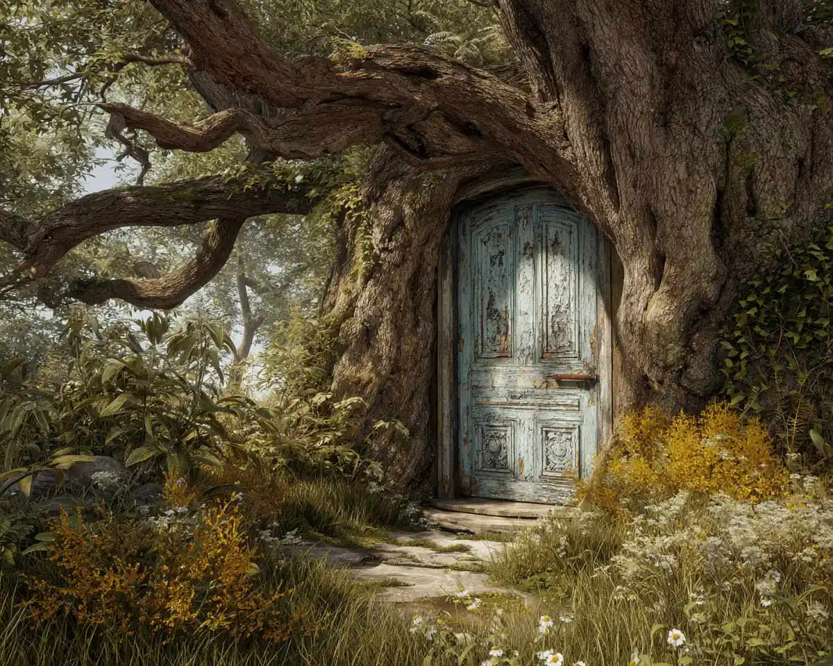 Secret door in an ancient mossy oak tree forest