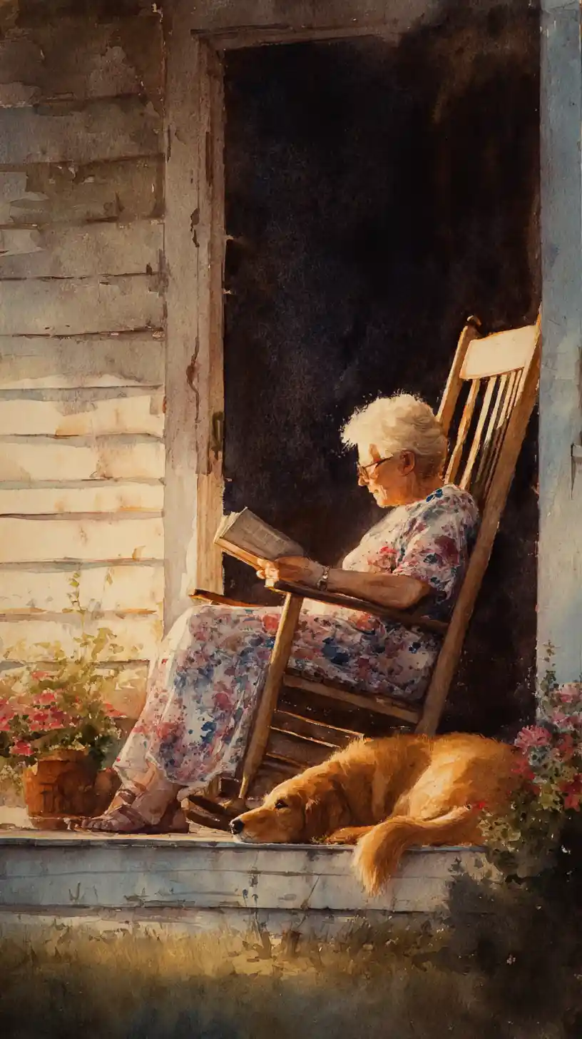Elderly woman reading on a porch at golden sunset
