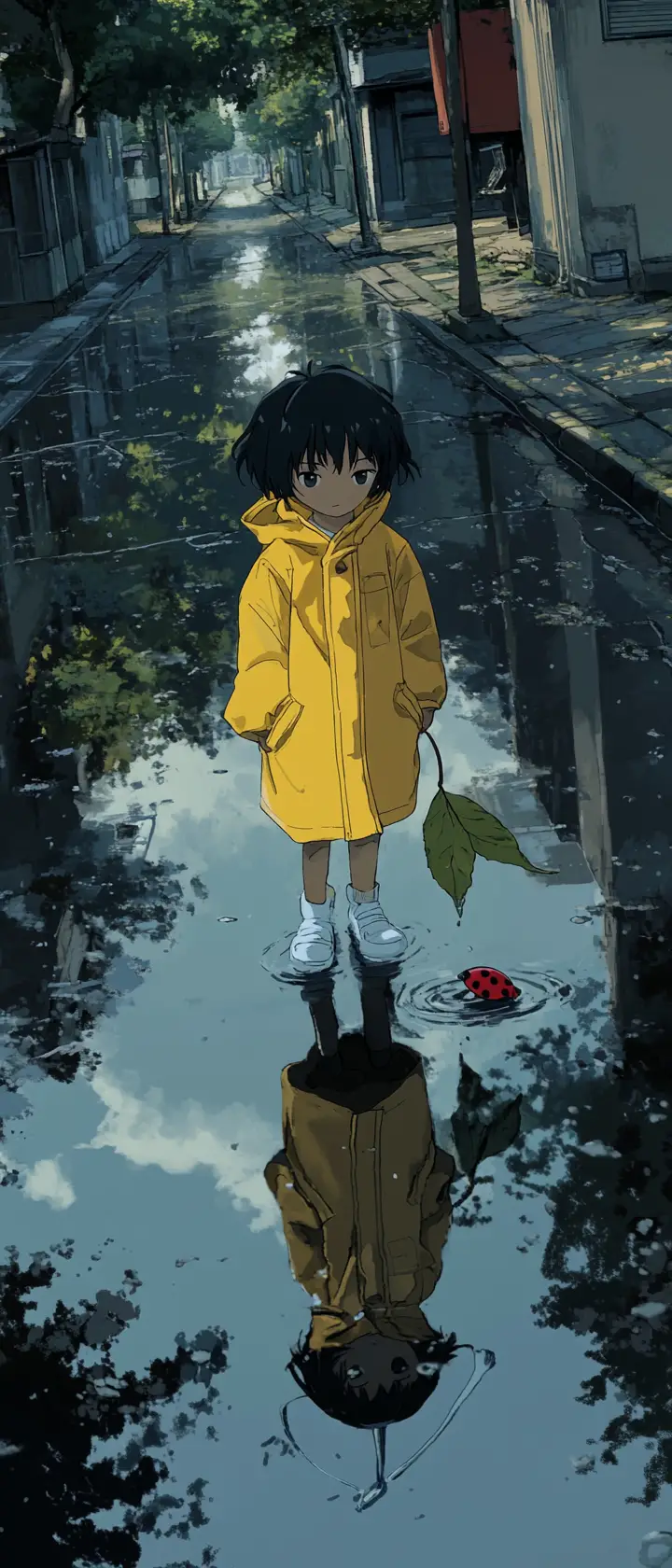 Little Boy Sailing A Leaf Boat Across Rainy Puddle