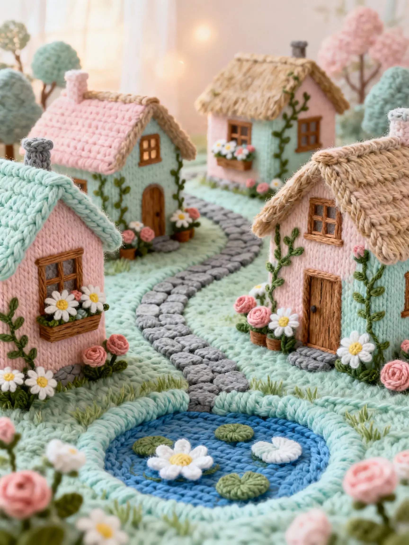 Whimsical Crochet Village Of Cottages In A Fantasy World