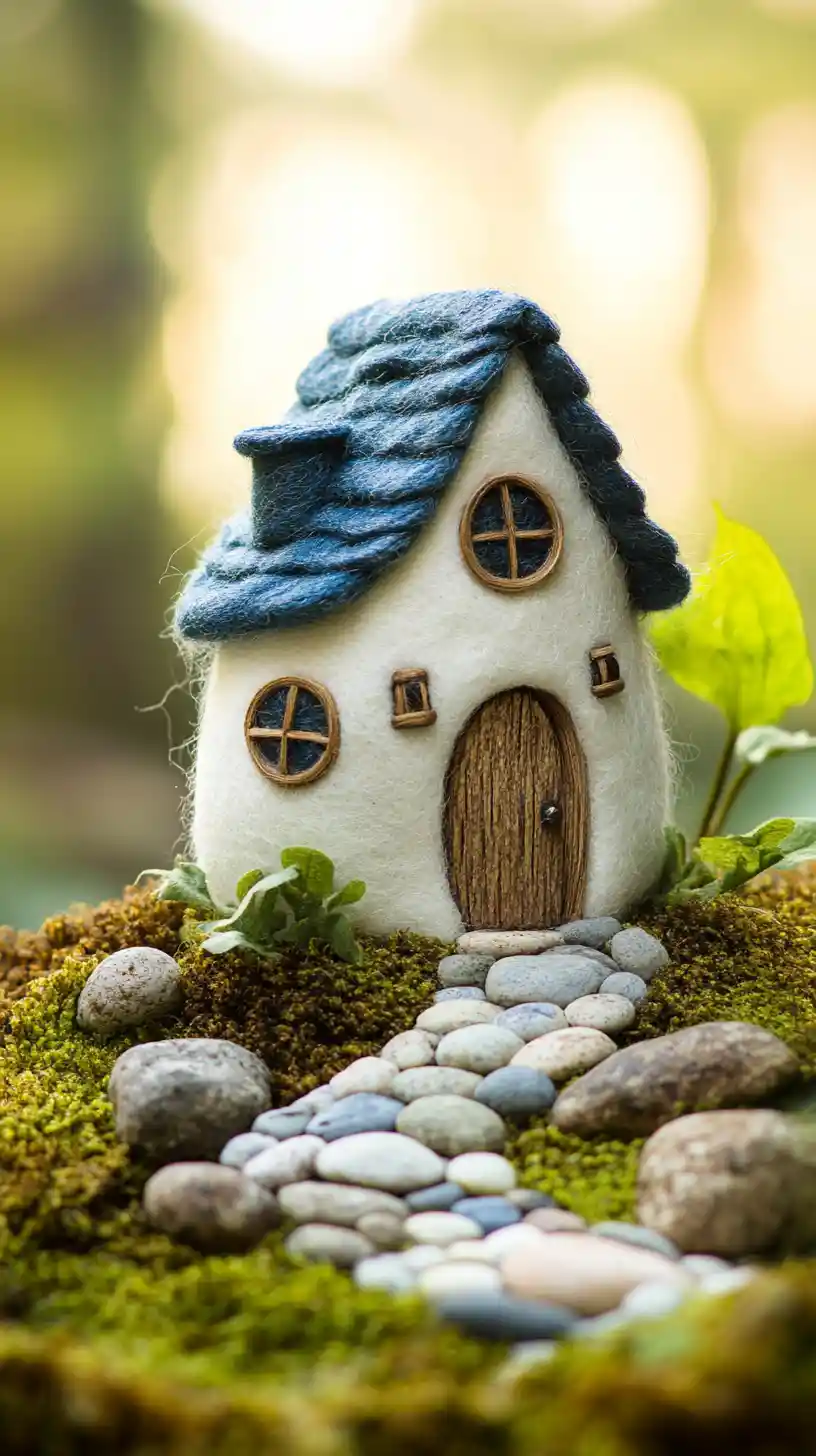 Whimsical Felt Fairy House On Mossy Rocks In Forest