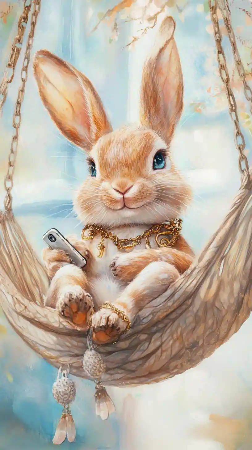 Smiling rabbit portrait in a cozy kitchen hammock scene