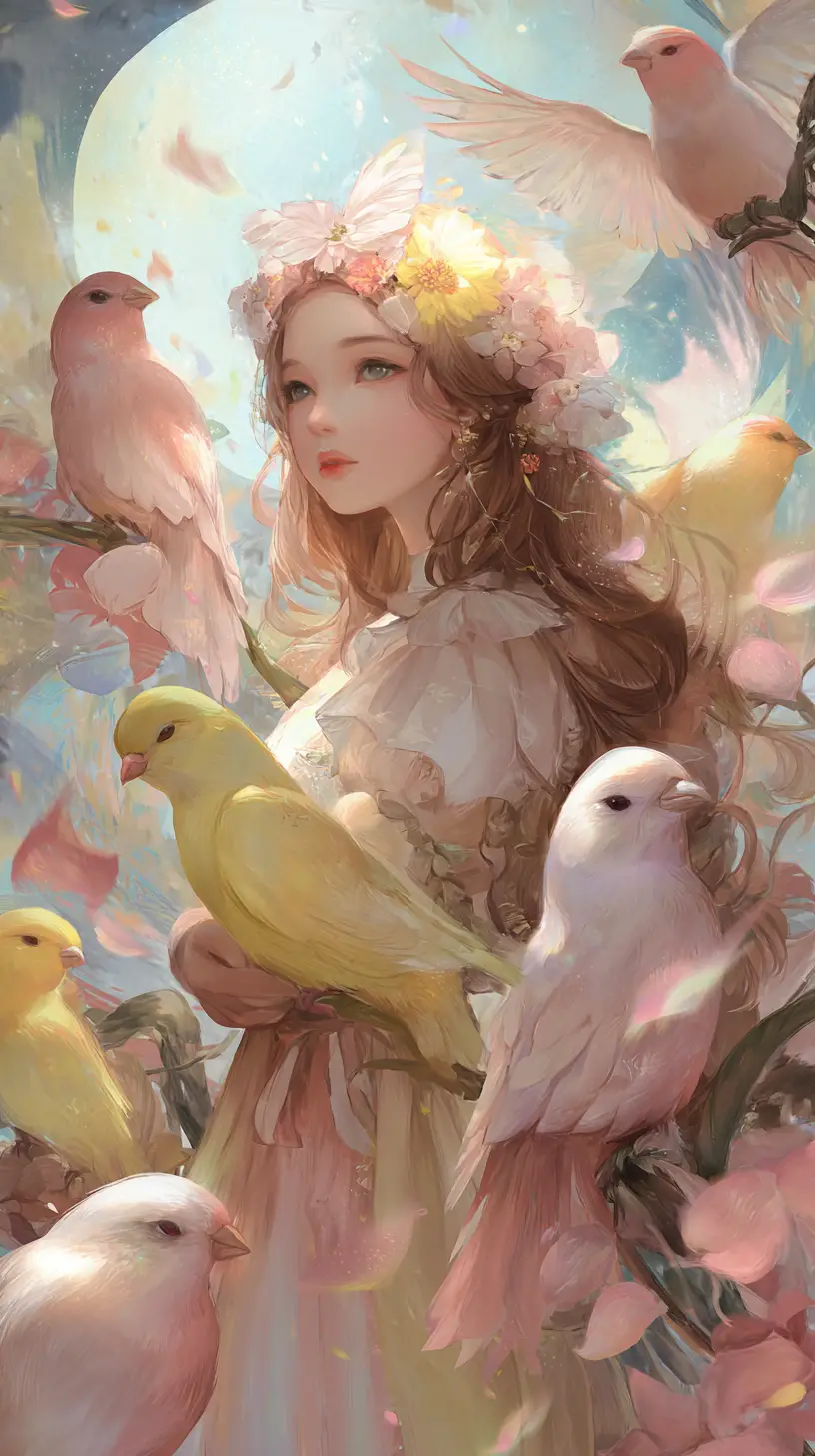Dreamy portrait of a young woman with delicate birds
