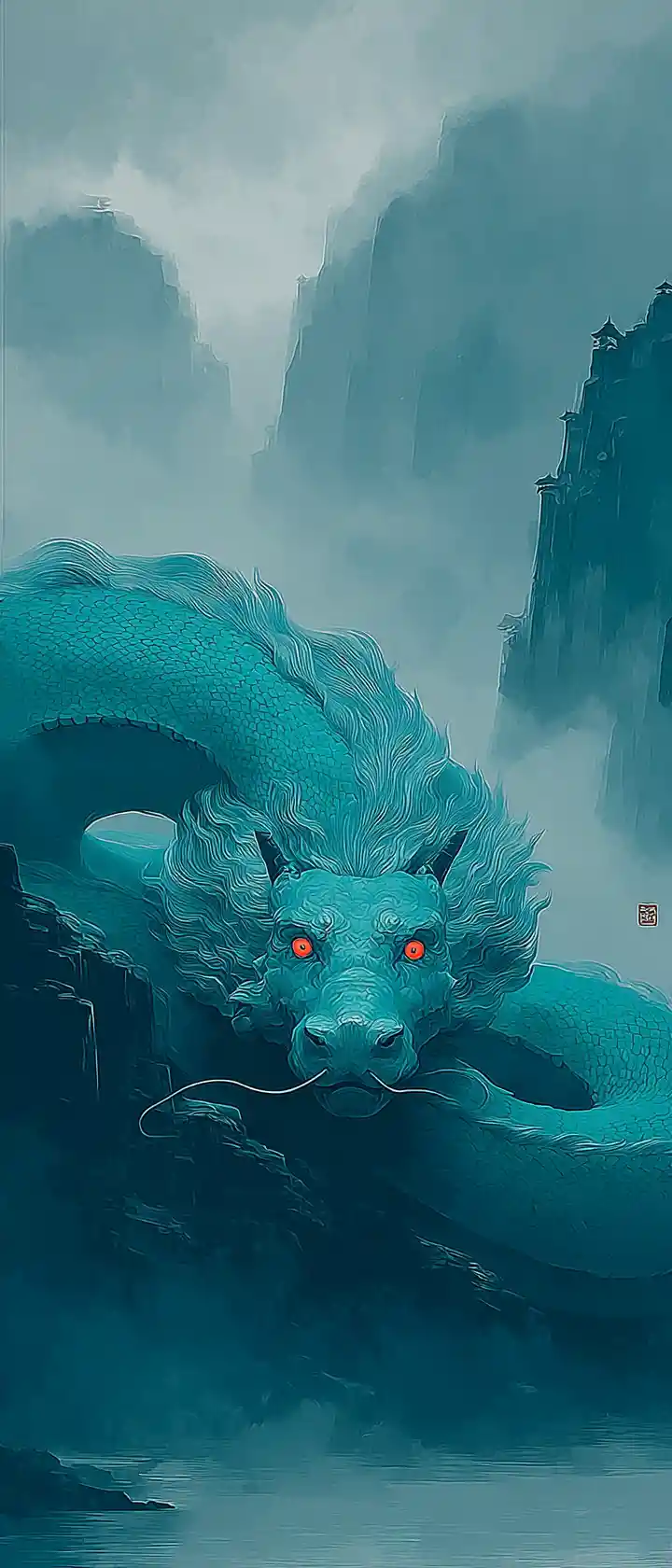 Emerald hydra dragon ascending over rainy mountain fountain