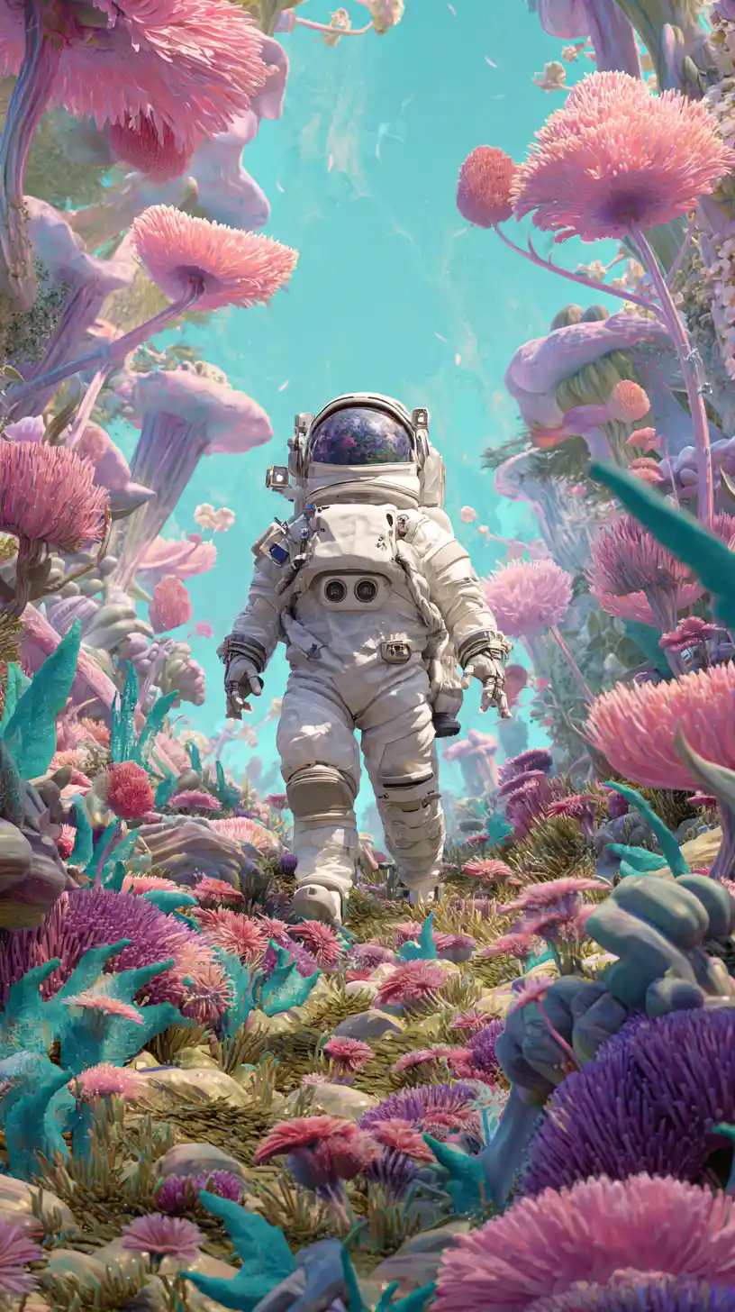 Donna astronauta tra creature colorate su un mondo alieno