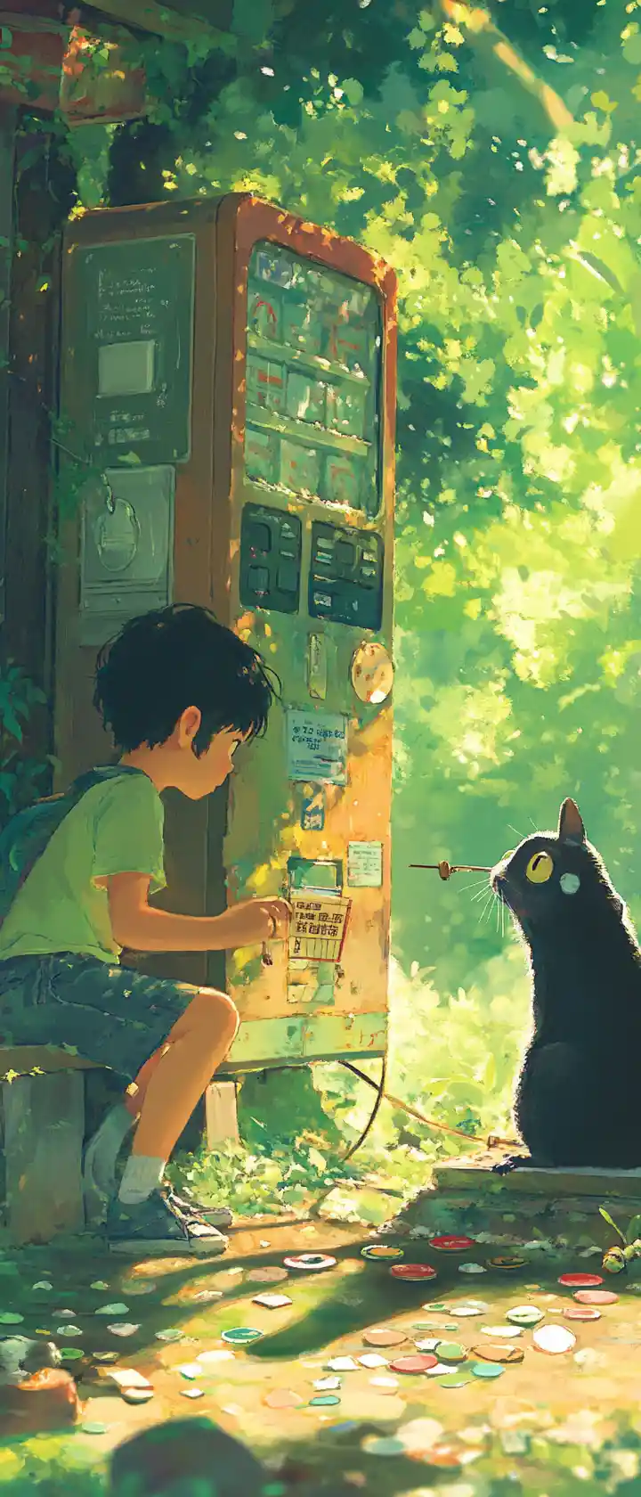 Child station master and cat at a tiny garden platform