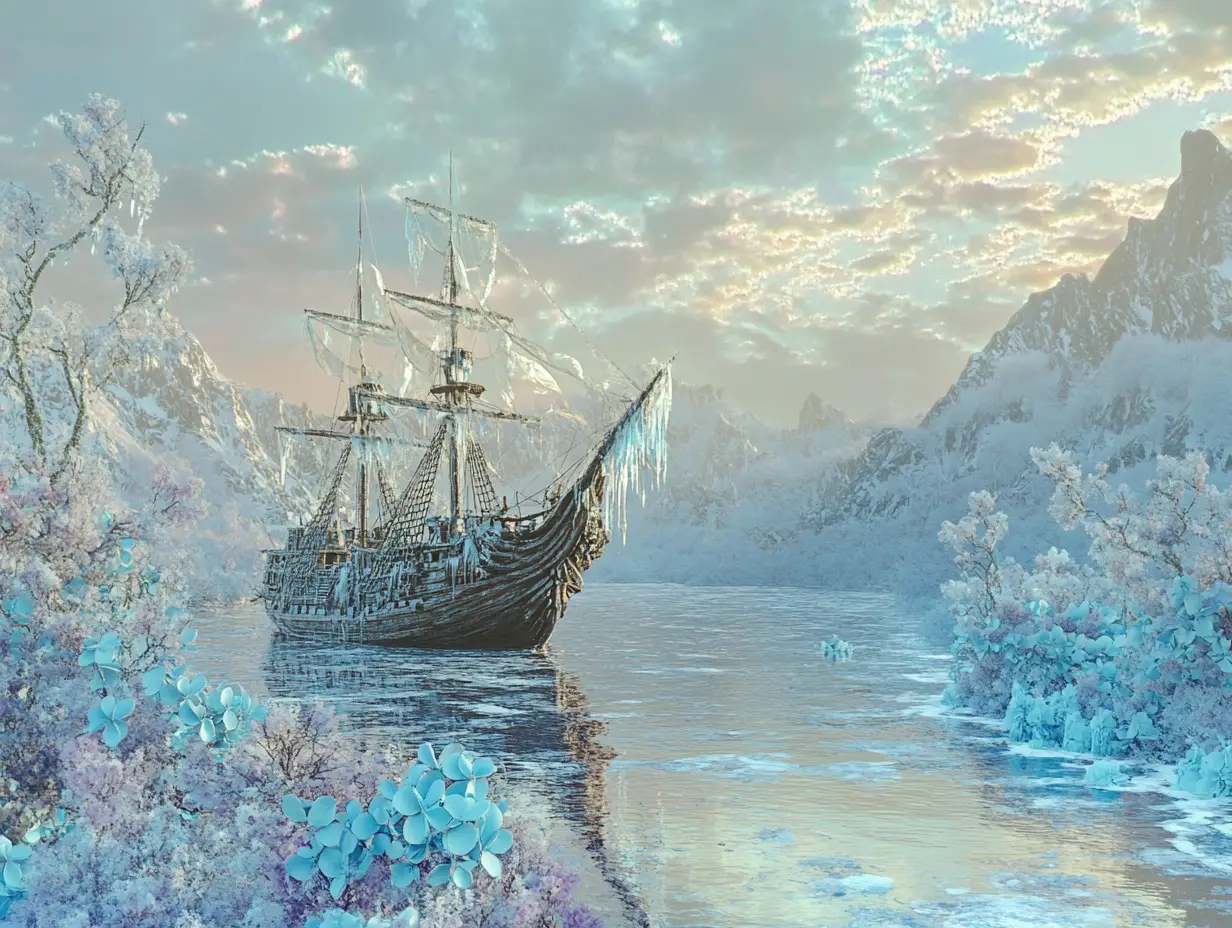 Icebound sailing ship on a glowing frozen mountain lake
