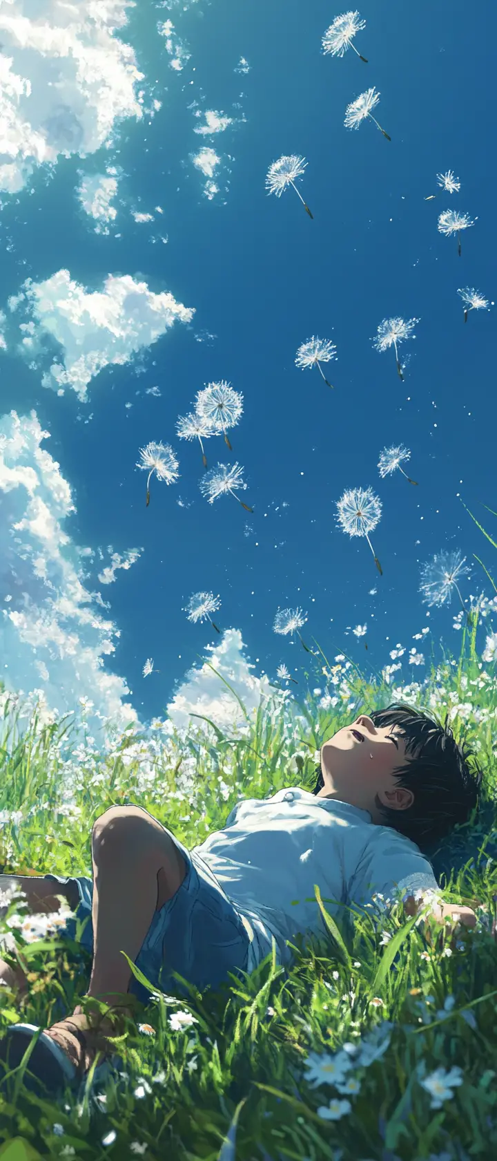 Boy Watching Dandelion Seeds Drift Under Deep Blue Sky