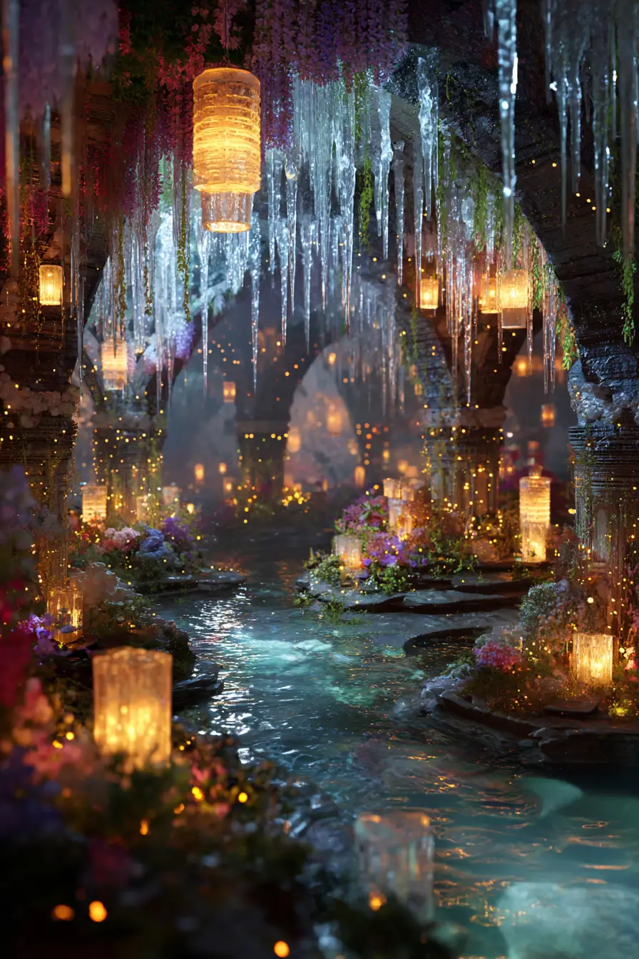 Magical waterfall with glowing lanterns and luminous plants