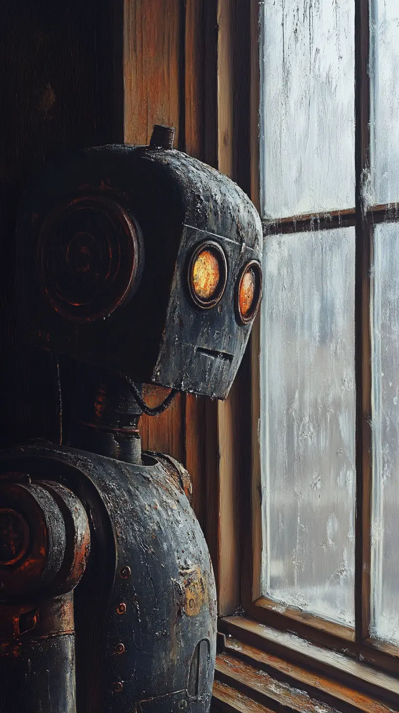 Old metal toy robot looking out a window