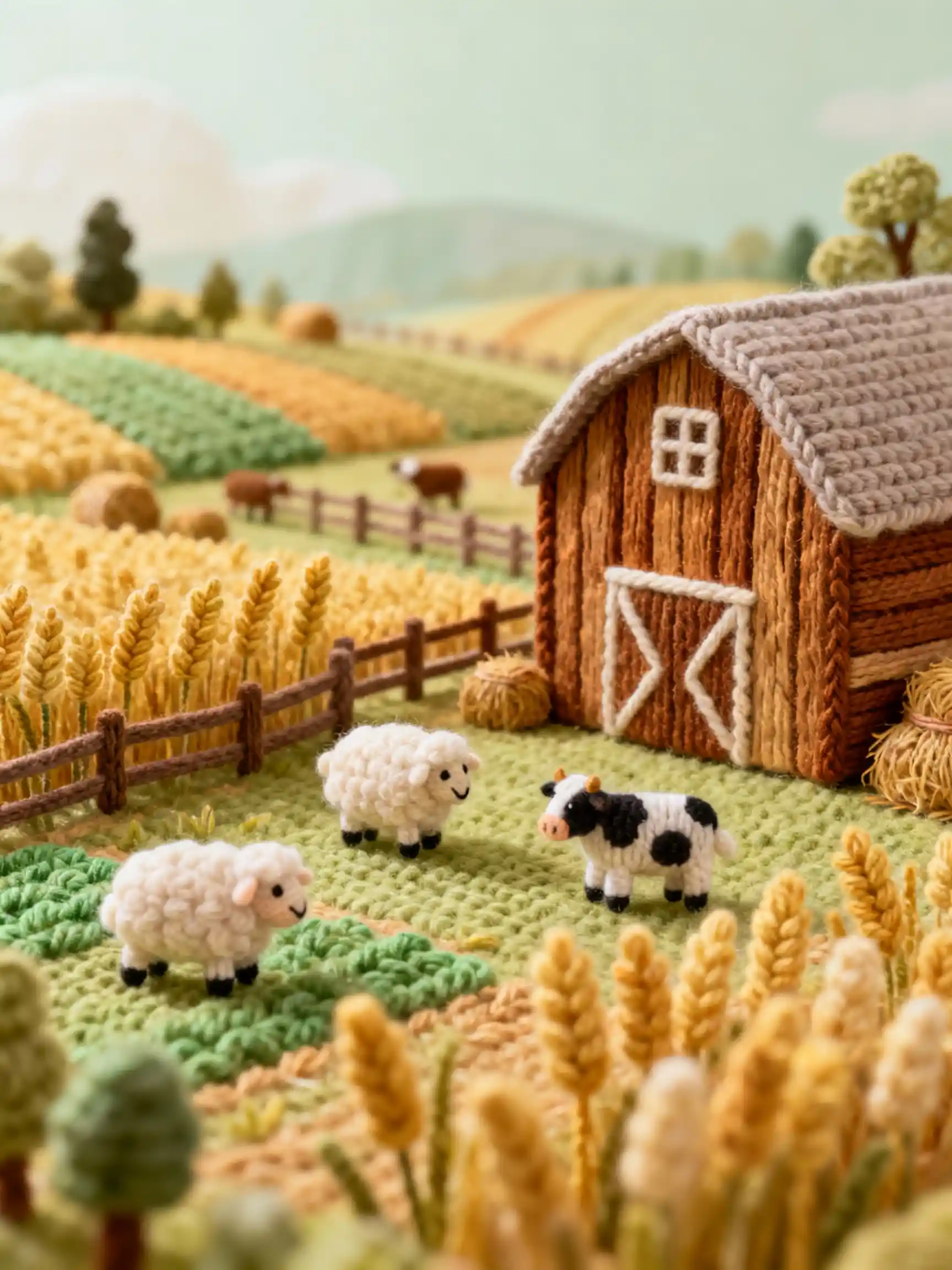 Paisaje de Granja de Ganchillo Fantasioso en un Mundo de Fantasía