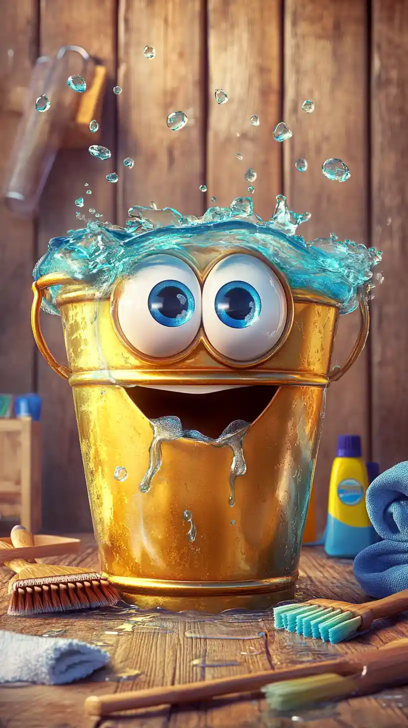 Cartoon brass bucket with eyes in icy water scene