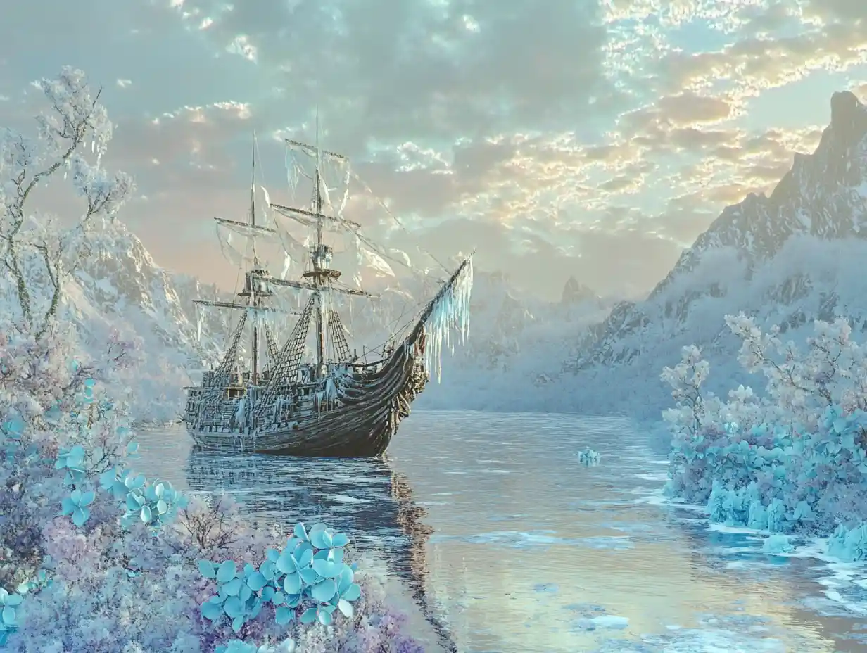 Icebound sailing ship on a glowing frozen mountain lake