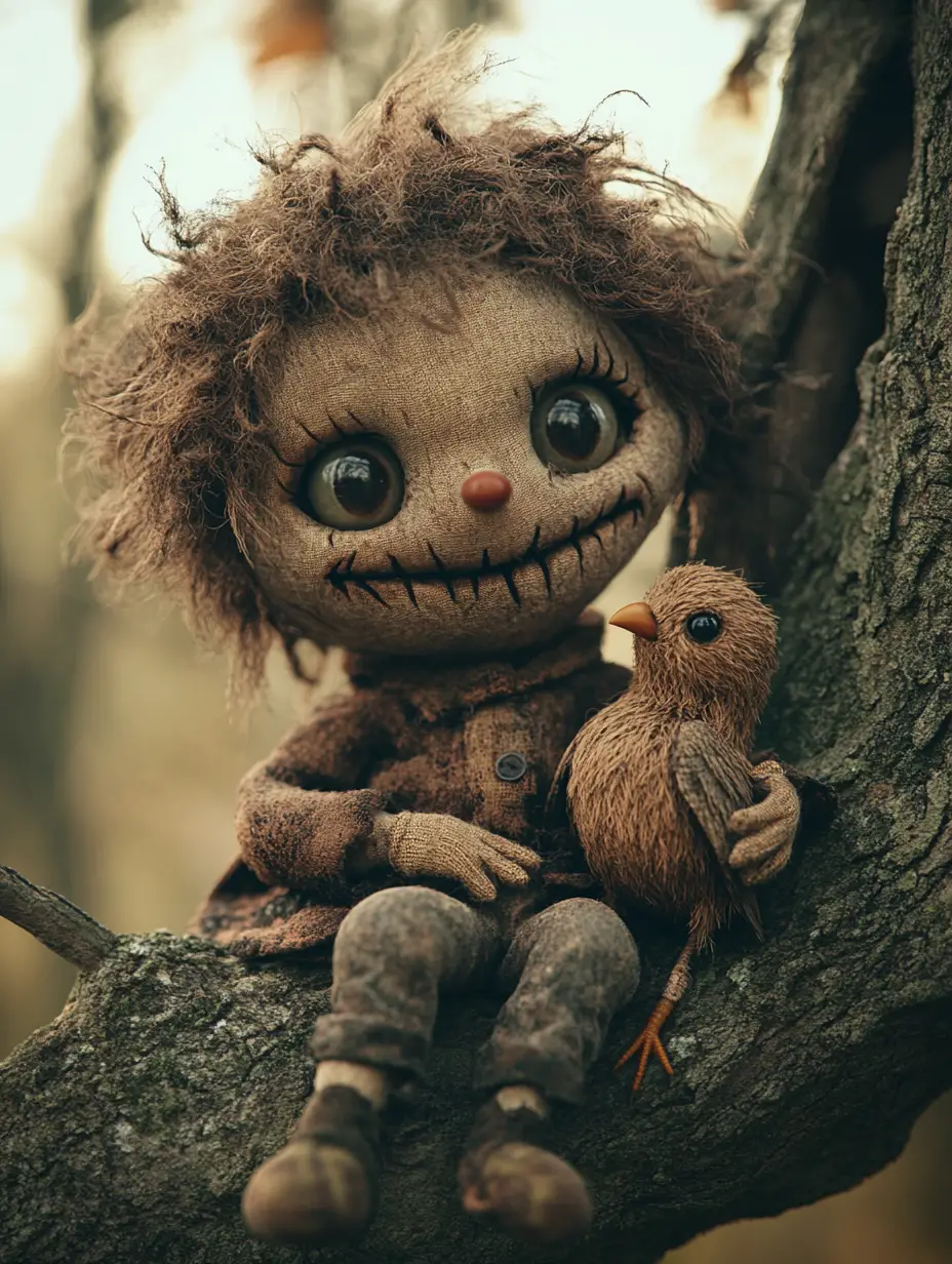 Creepy fluffy monster holding a struggling bird in a tree